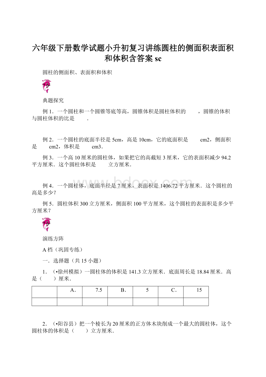 六年级下册数学试题小升初复习讲练圆柱的侧面积表面积和体积含答案sc.docx