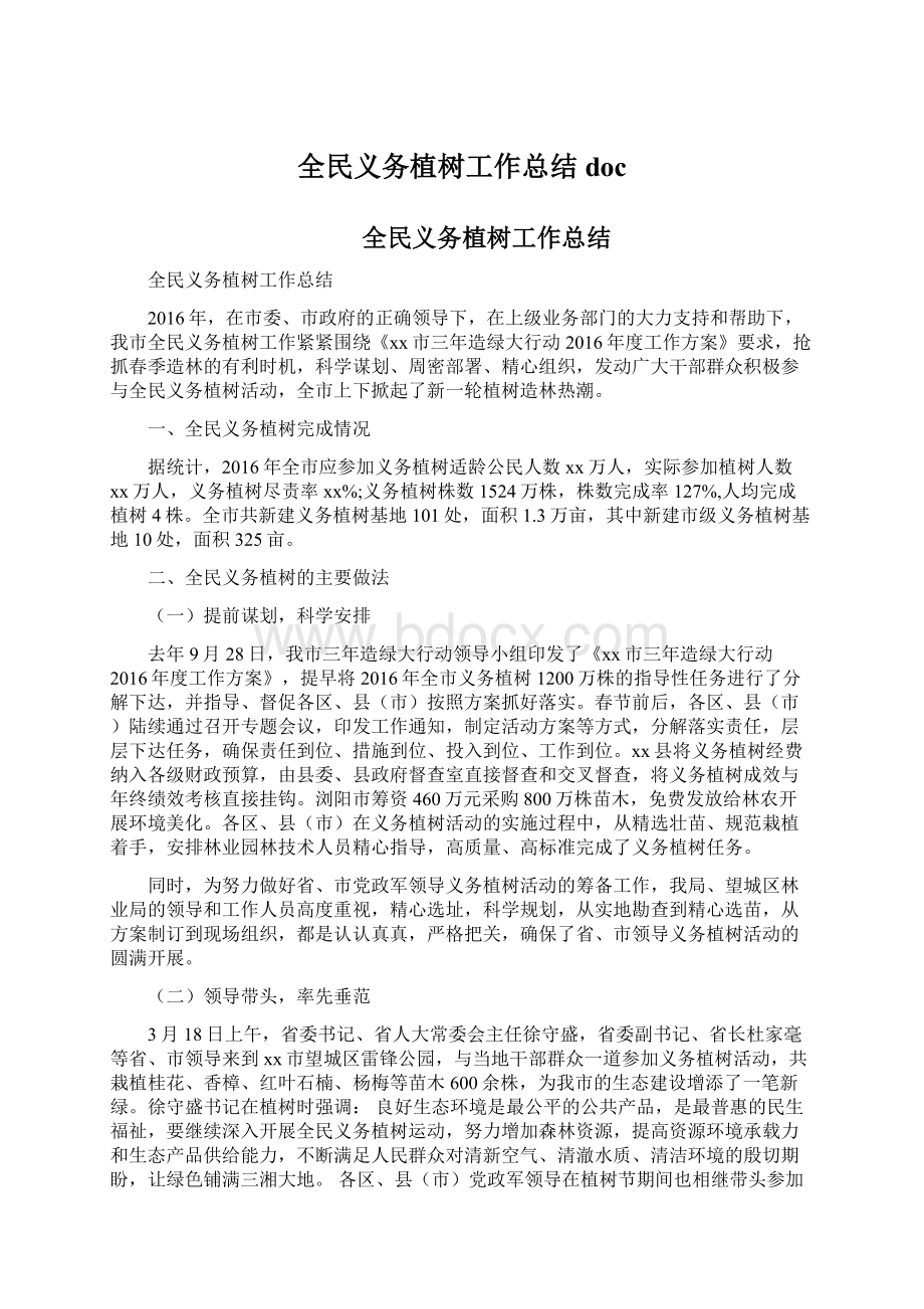 全民义务植树工作总结docWord文档格式.docx