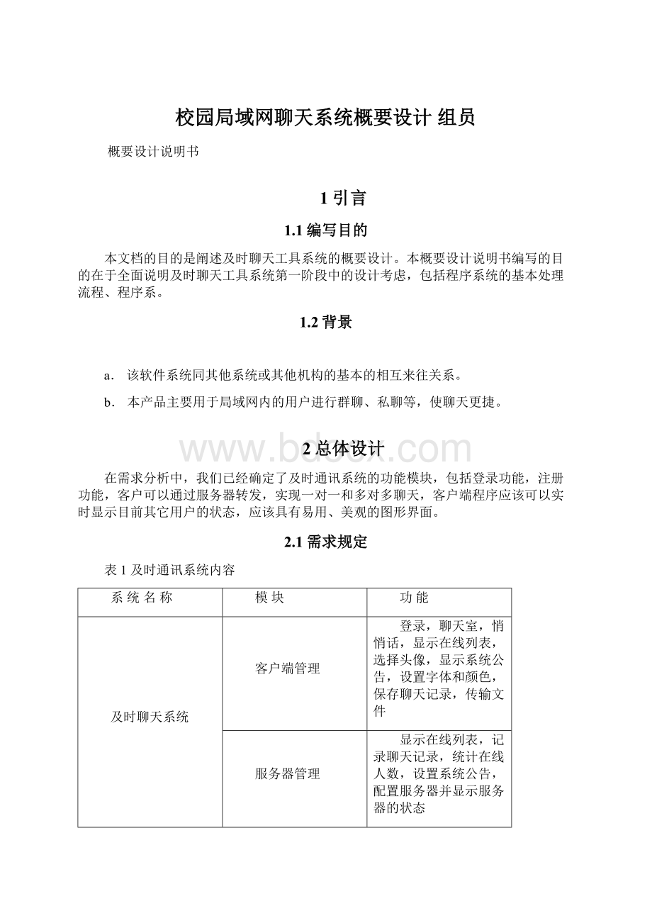 校园局域网聊天系统概要设计组员Word下载.docx_第1页