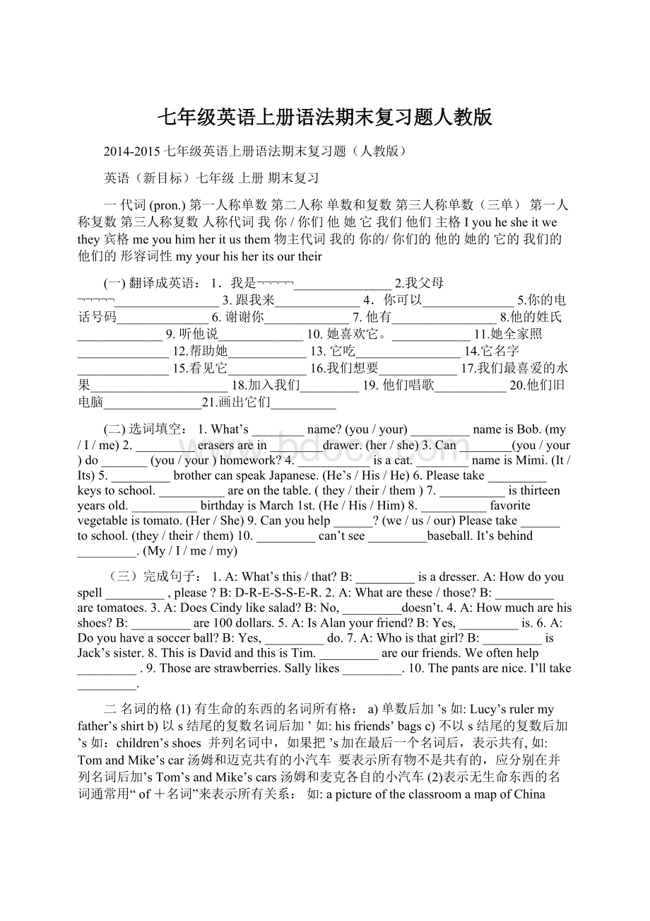 七年级英语上册语法期末复习题人教版文档格式.docx