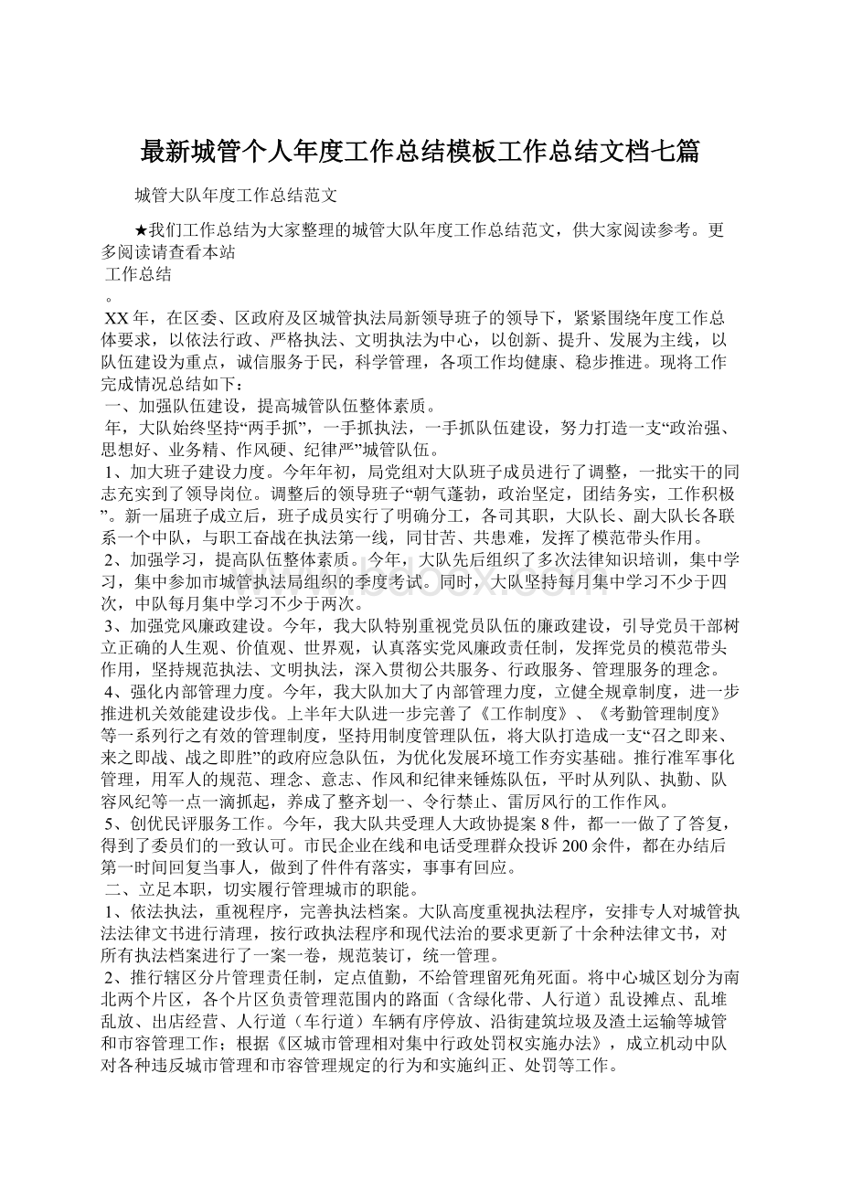 最新城管个人年度工作总结模板工作总结文档七篇Word文档格式.docx