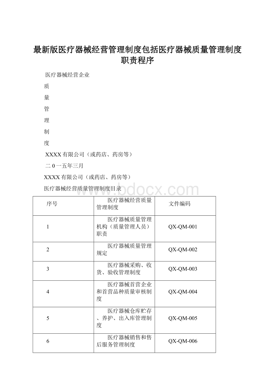 最新版医疗器械经营管理制度包括医疗器械质量管理制度职责程序Word格式文档下载.docx