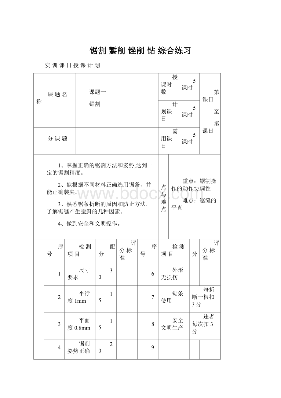 锯割 錾削锉削 钻 综合练习.docx_第1页