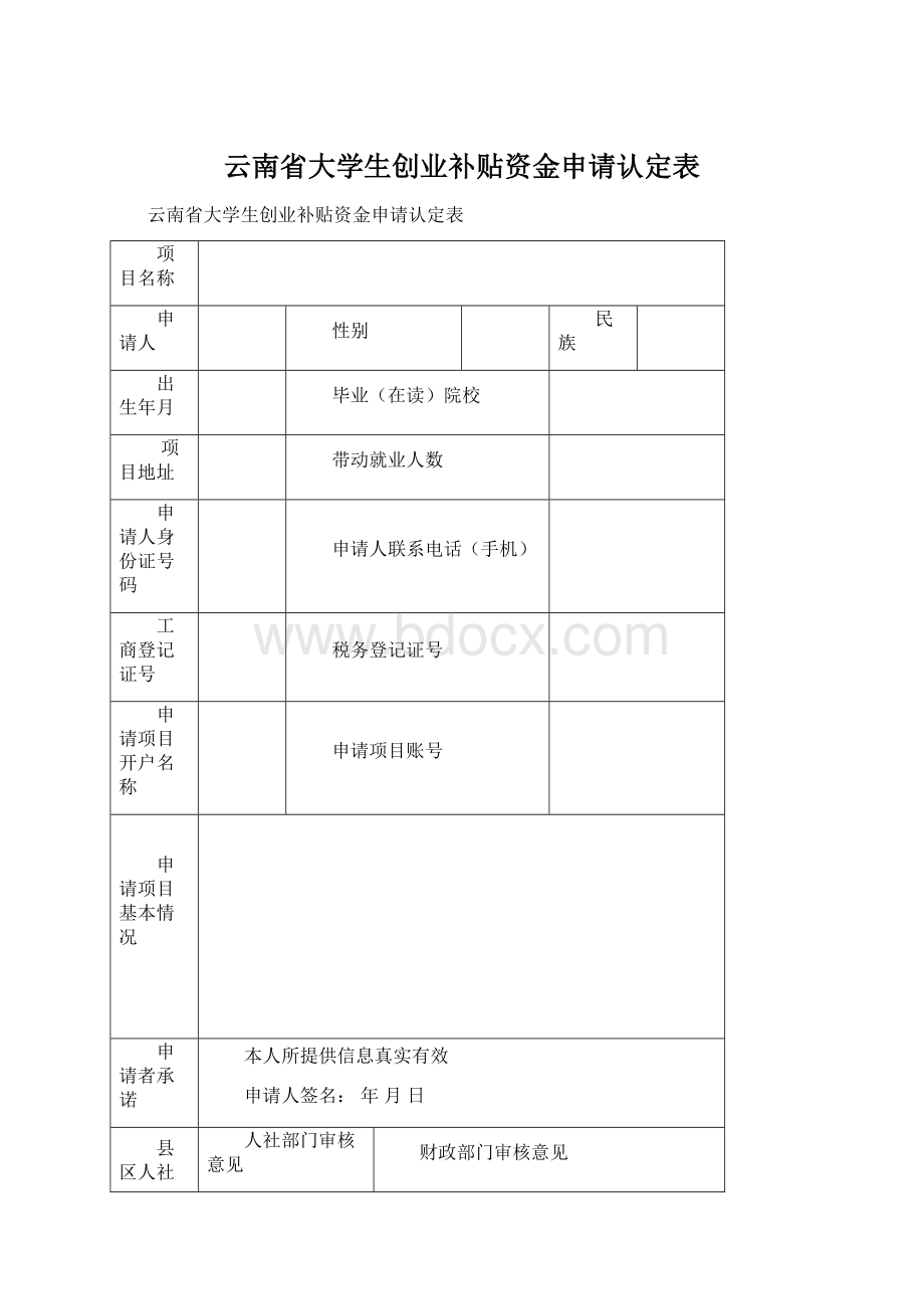 云南省大学生创业补贴资金申请认定表.docx