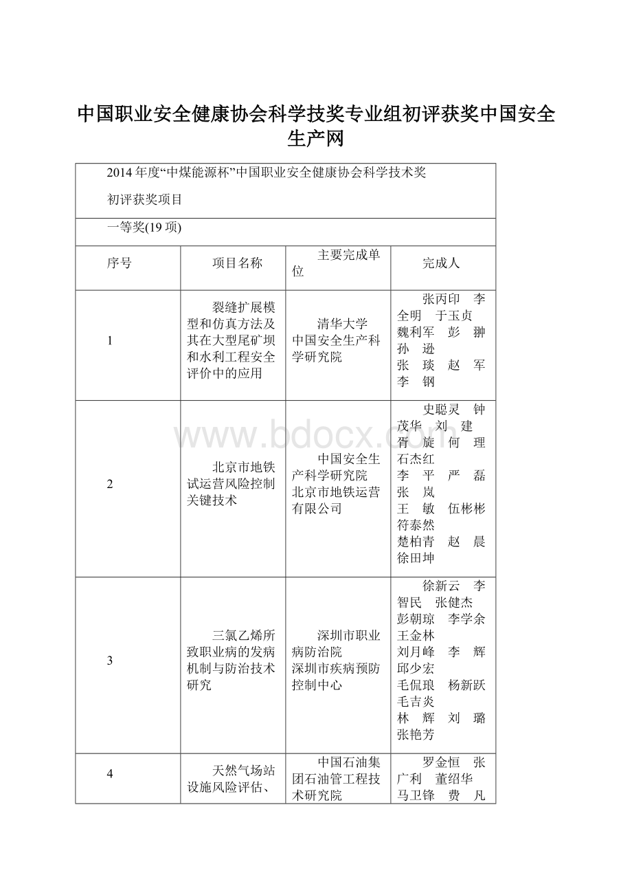 中国职业安全健康协会科学技奖专业组初评获奖中国安全生产网.docx_第1页