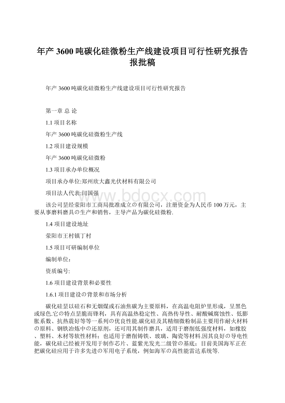 年产3600吨碳化硅微粉生产线建设项目可行性研究报告报批稿.docx_第1页