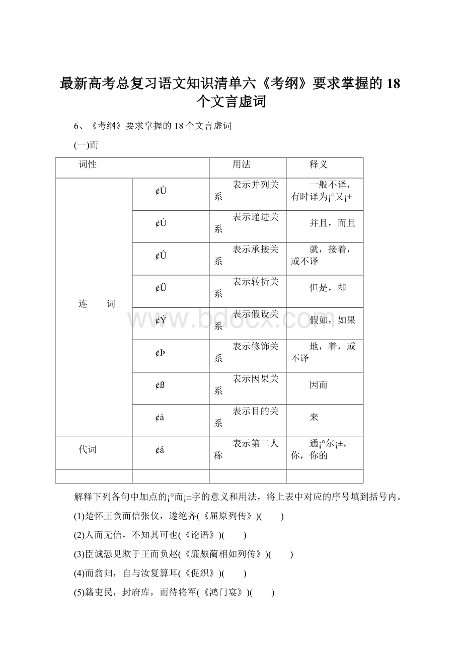 最新高考总复习语文知识清单六《考纲》要求掌握的18个文言虚词.docx