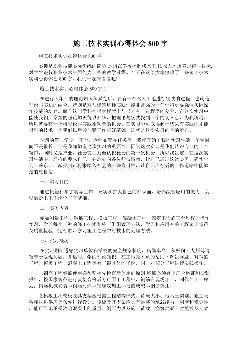 施工技术实训心得体会800字Word格式.docx