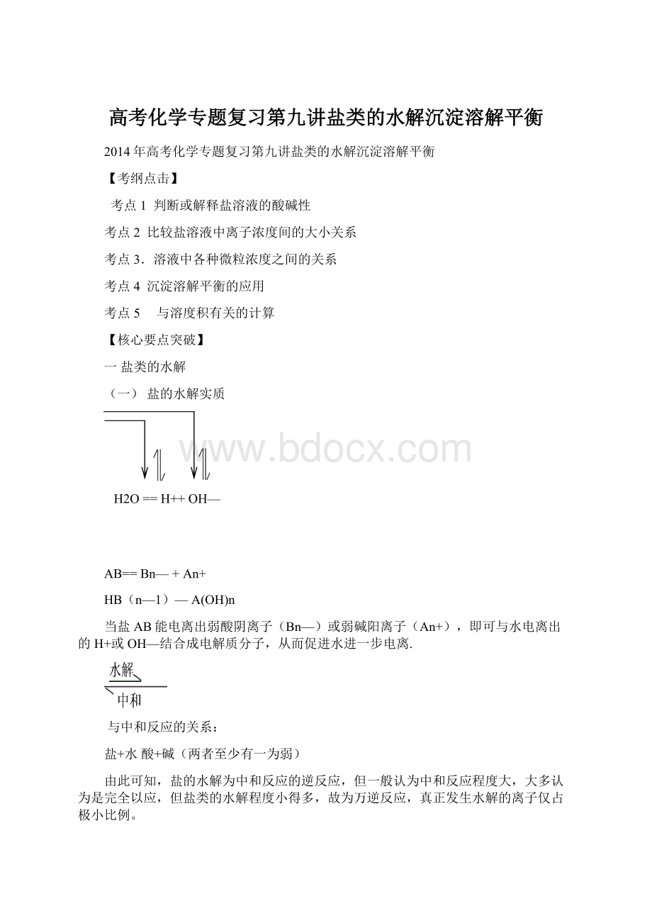 高考化学专题复习第九讲盐类的水解沉淀溶解平衡.docx