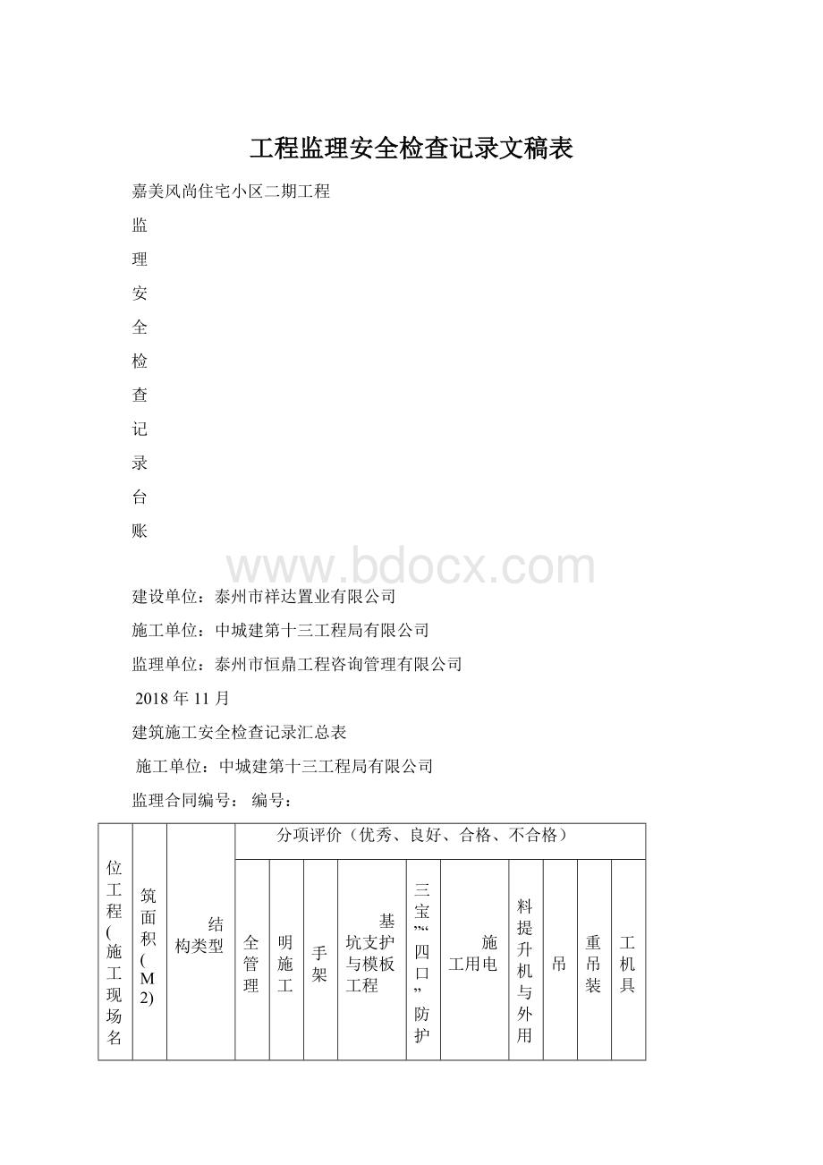 工程监理安全检查记录文稿表.docx_第1页