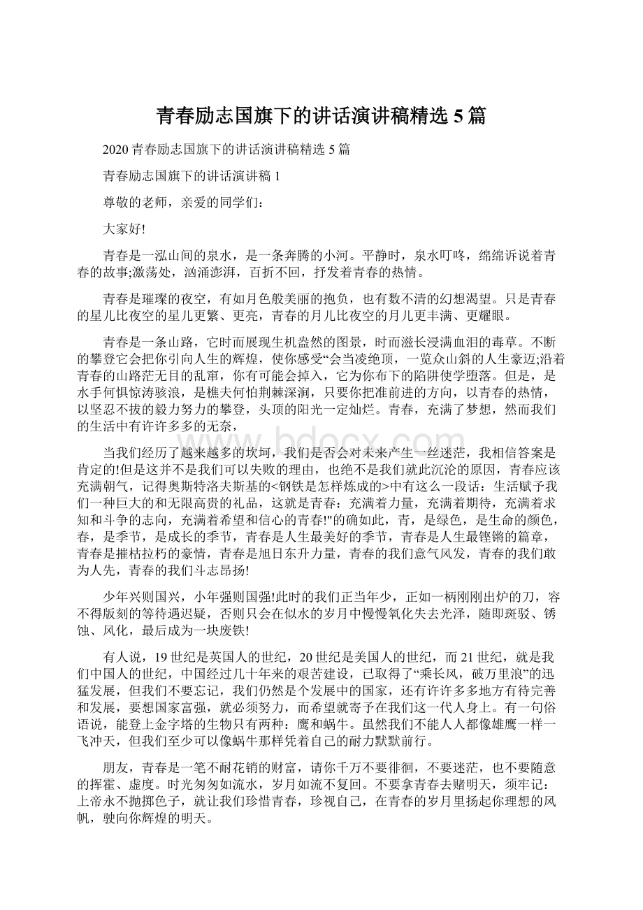 青春励志国旗下的讲话演讲稿精选5篇Word文档下载推荐.docx_第1页