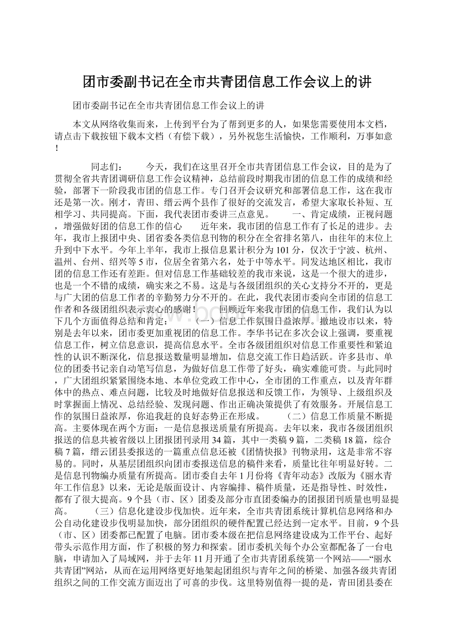 团市委副书记在全市共青团信息工作会议上的讲Word格式文档下载.docx