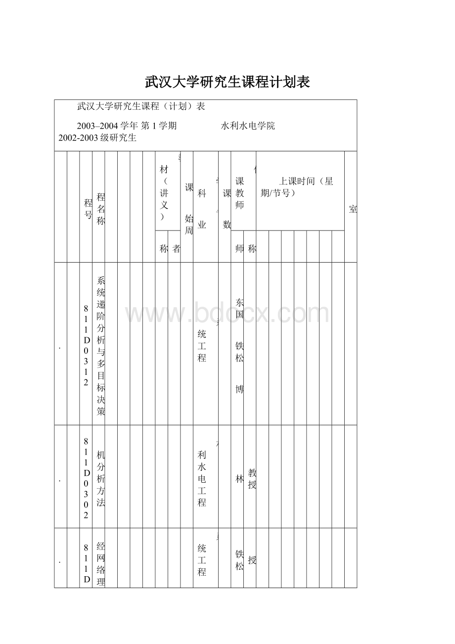 武汉大学研究生课程计划表Word文档下载推荐.docx