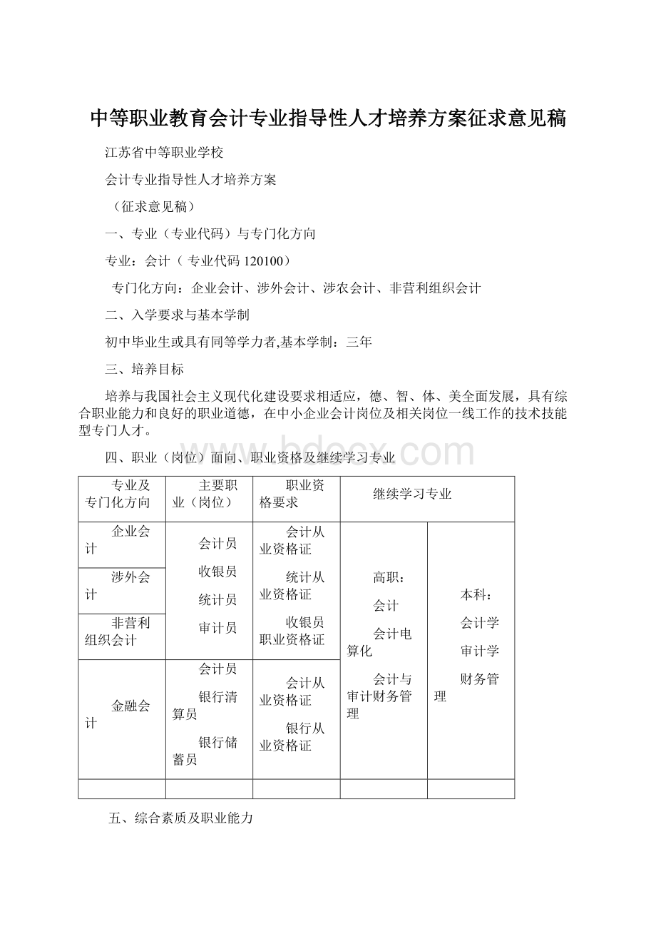 中等职业教育会计专业指导性人才培养方案征求意见稿.docx_第1页