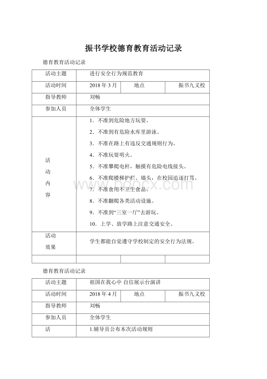 振书学校德育教育活动记录Word文档格式.docx