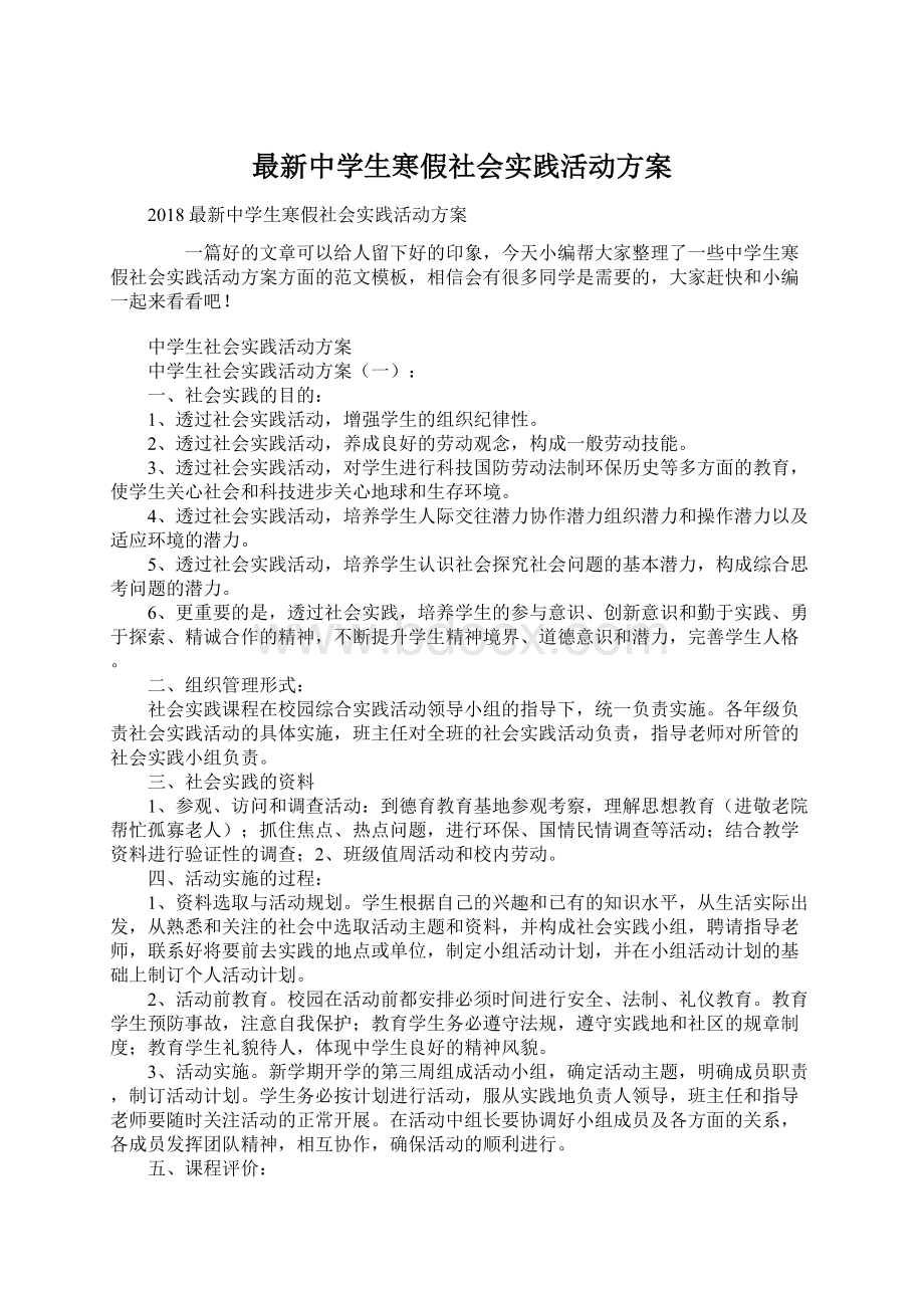 最新中学生寒假社会实践活动方案Word下载.docx