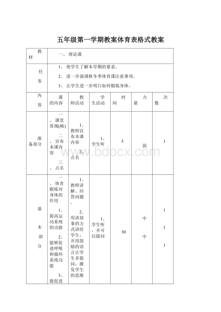 五年级第一学期教案体育表格式教案Word文件下载.docx