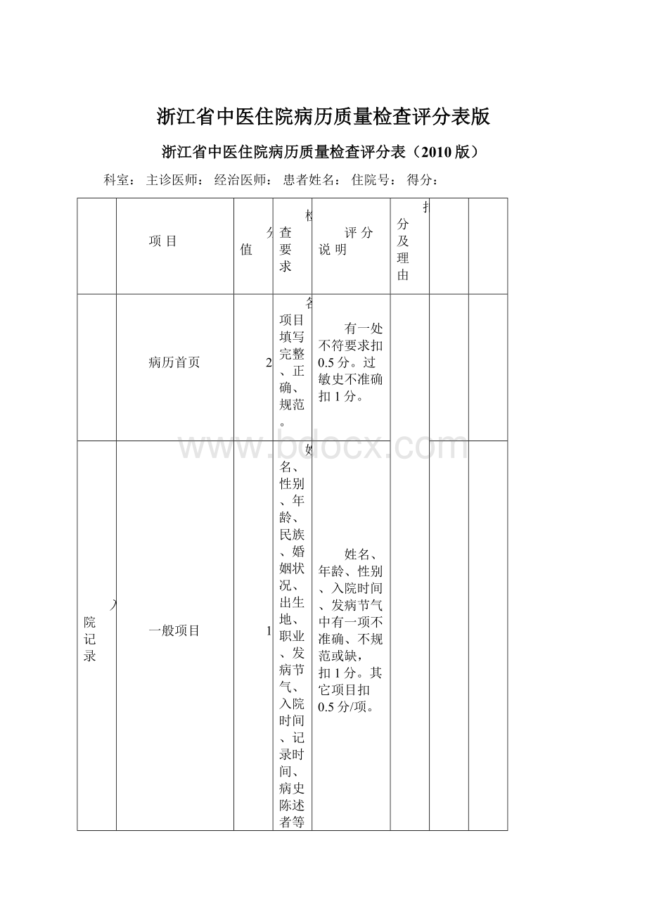 浙江省中医住院病历质量检查评分表版.docx
