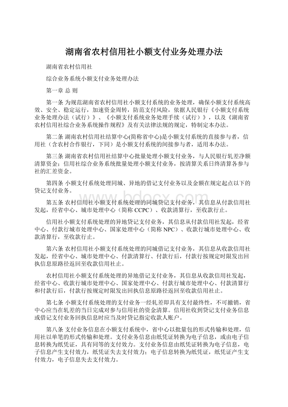 湖南省农村信用社小额支付业务处理办法文档格式.docx