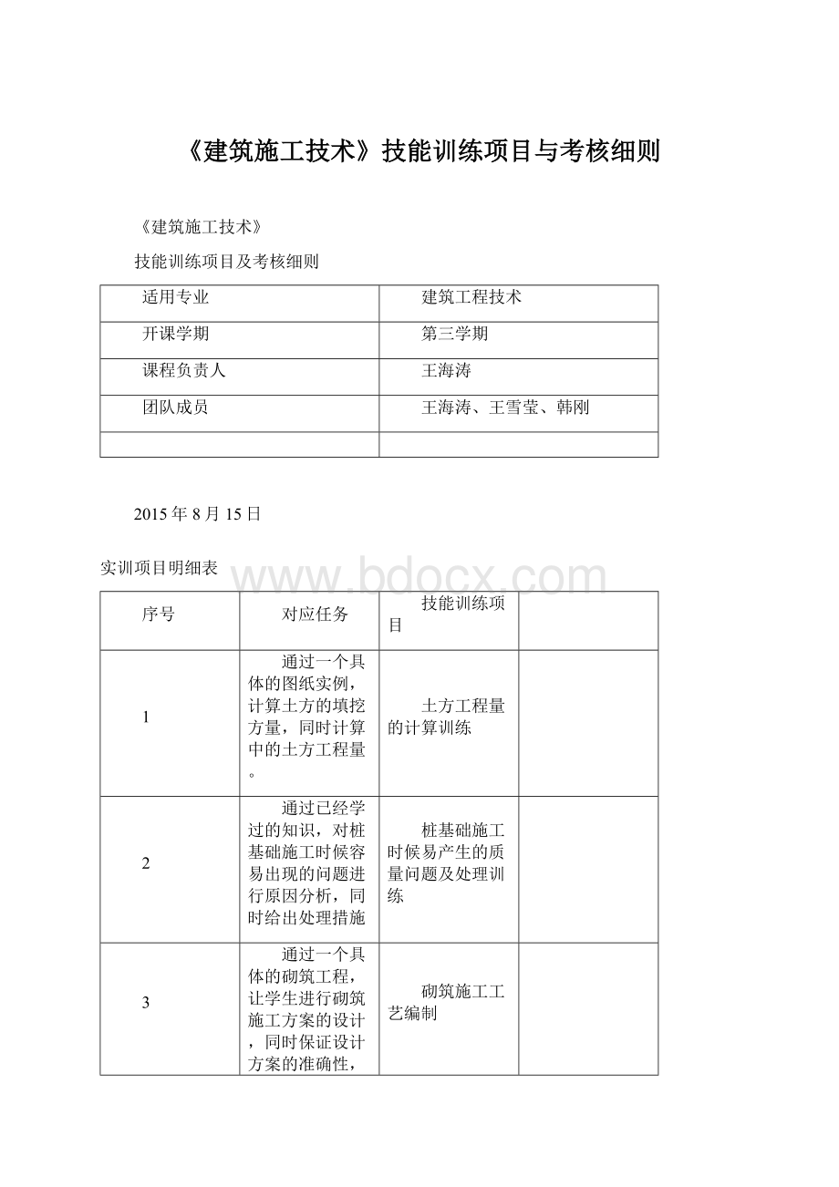 《建筑施工技术》技能训练项目与考核细则.docx