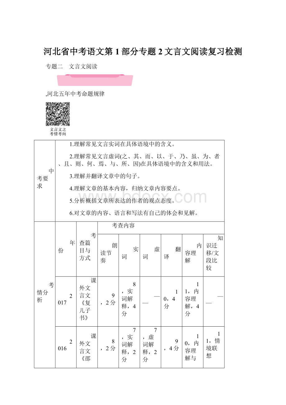 河北省中考语文第1部分专题2文言文阅读复习检测.docx