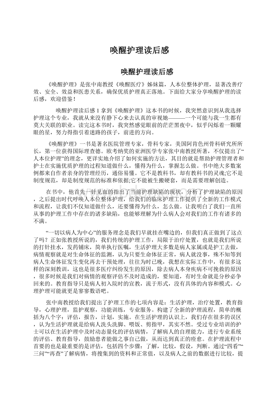 唤醒护理读后感文档格式.docx