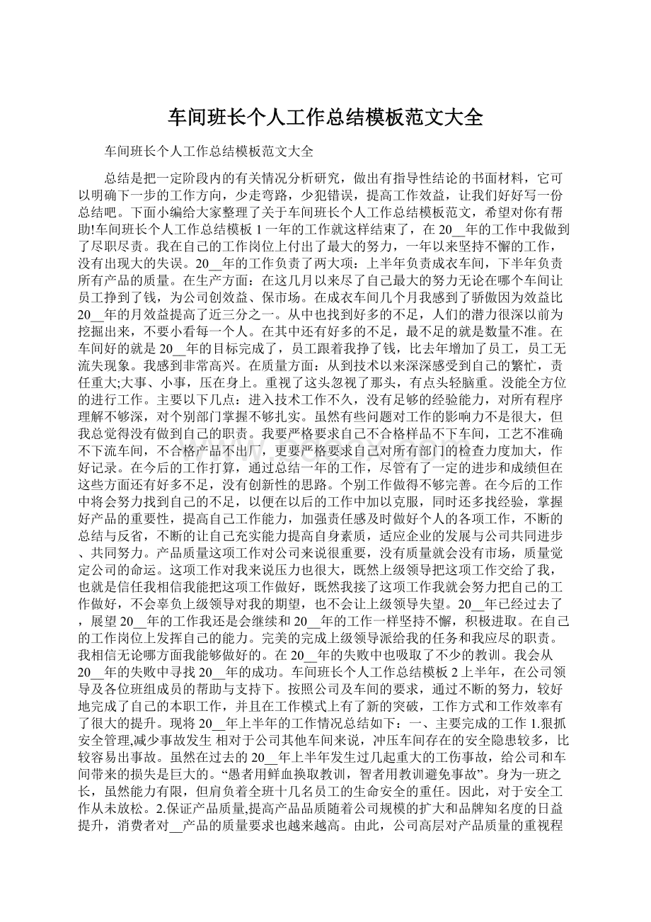 车间班长个人工作总结模板范文大全文档格式.docx