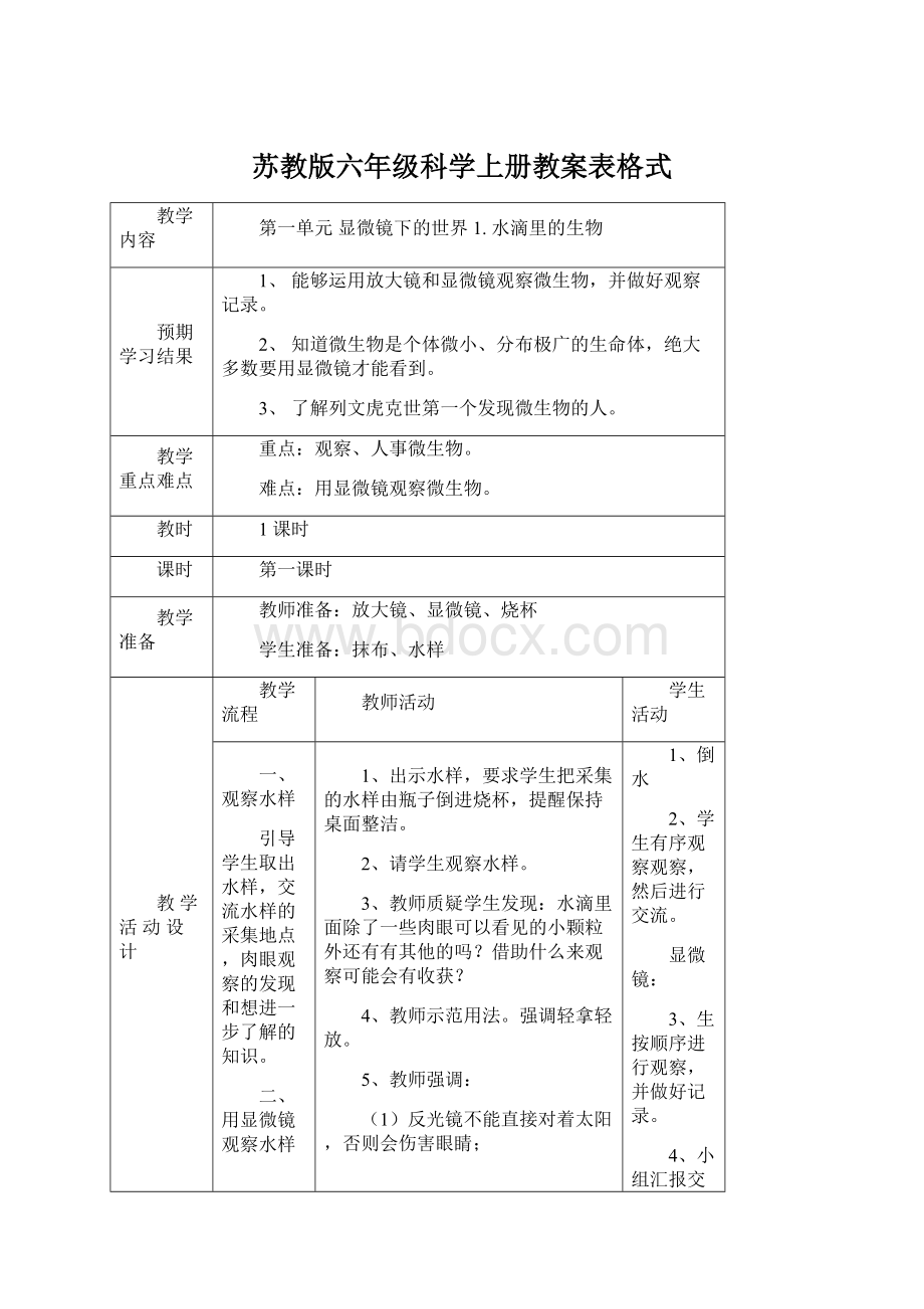 苏教版六年级科学上册教案表格式Word文档格式.docx