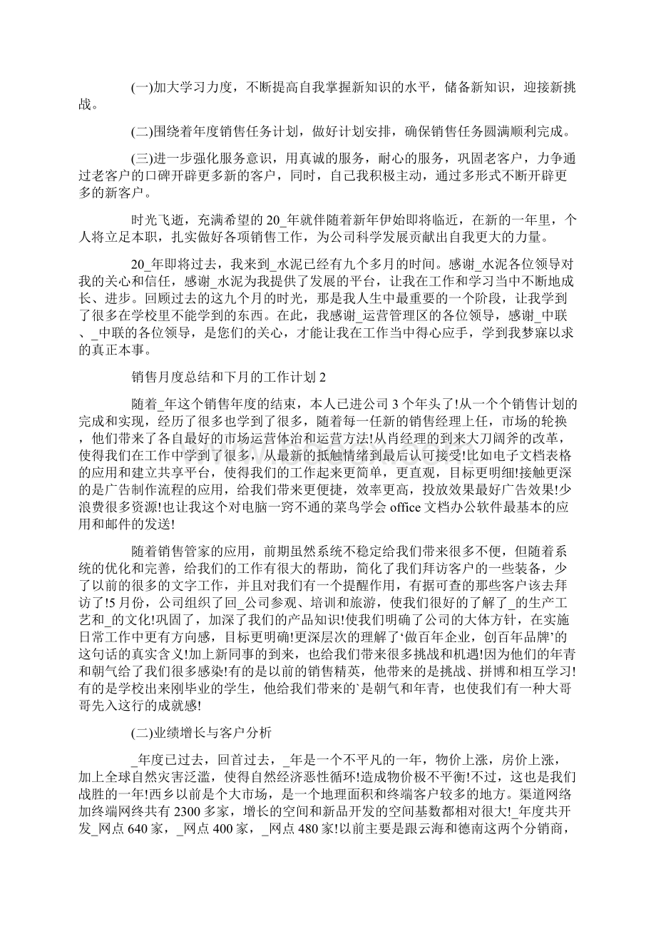 销售月度总结和下月的工作计划Word文档下载推荐.docx_第2页