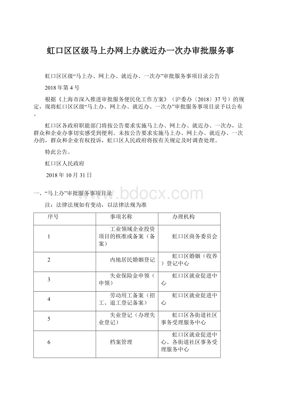 虹口区区级马上办网上办就近办一次办审批服务事Word下载.docx_第1页