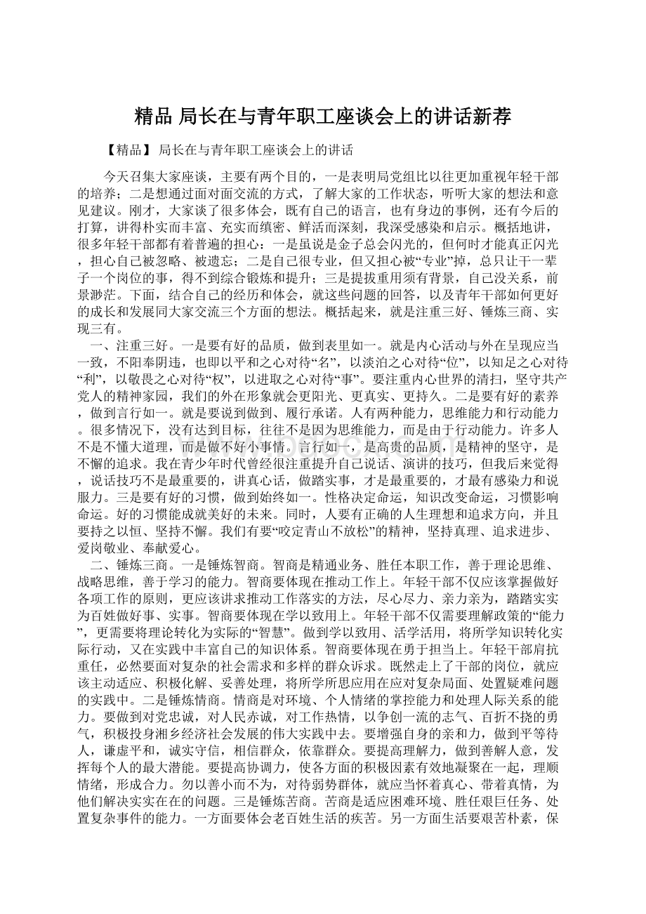 精品 局长在与青年职工座谈会上的讲话新荐Word格式文档下载.docx_第1页