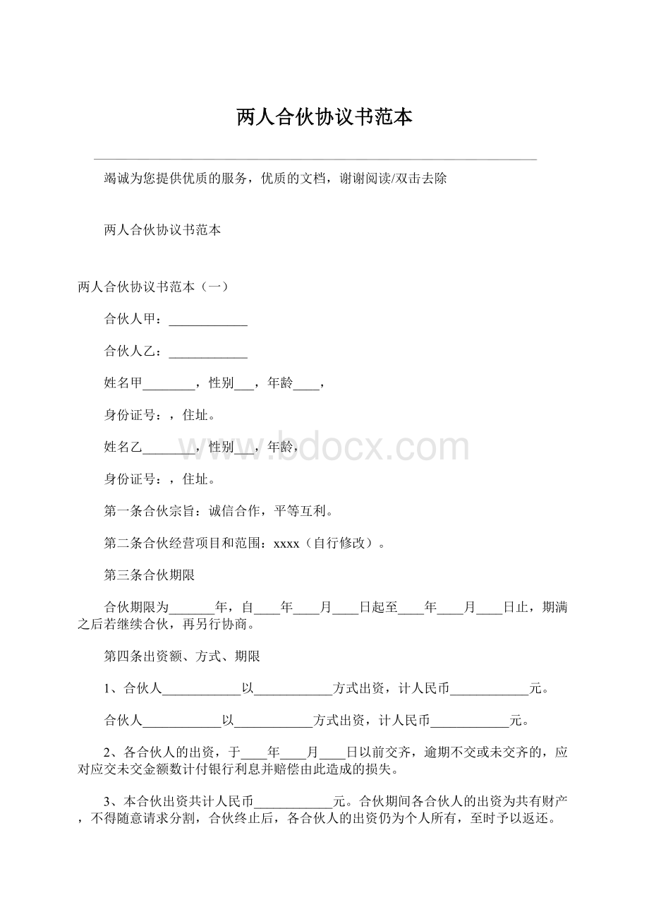 两人合伙协议书范本Word下载.docx