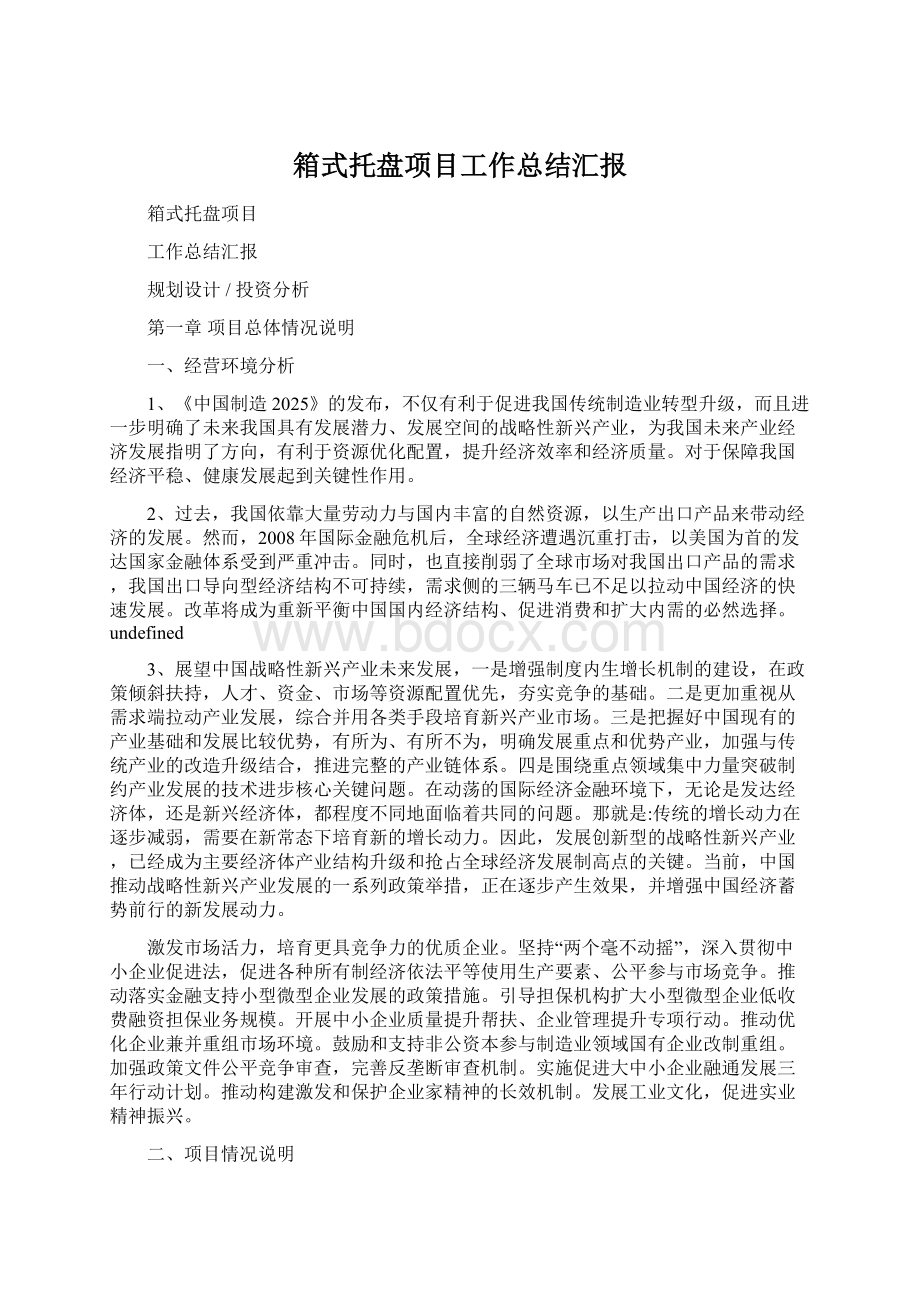 箱式托盘项目工作总结汇报文档格式.docx