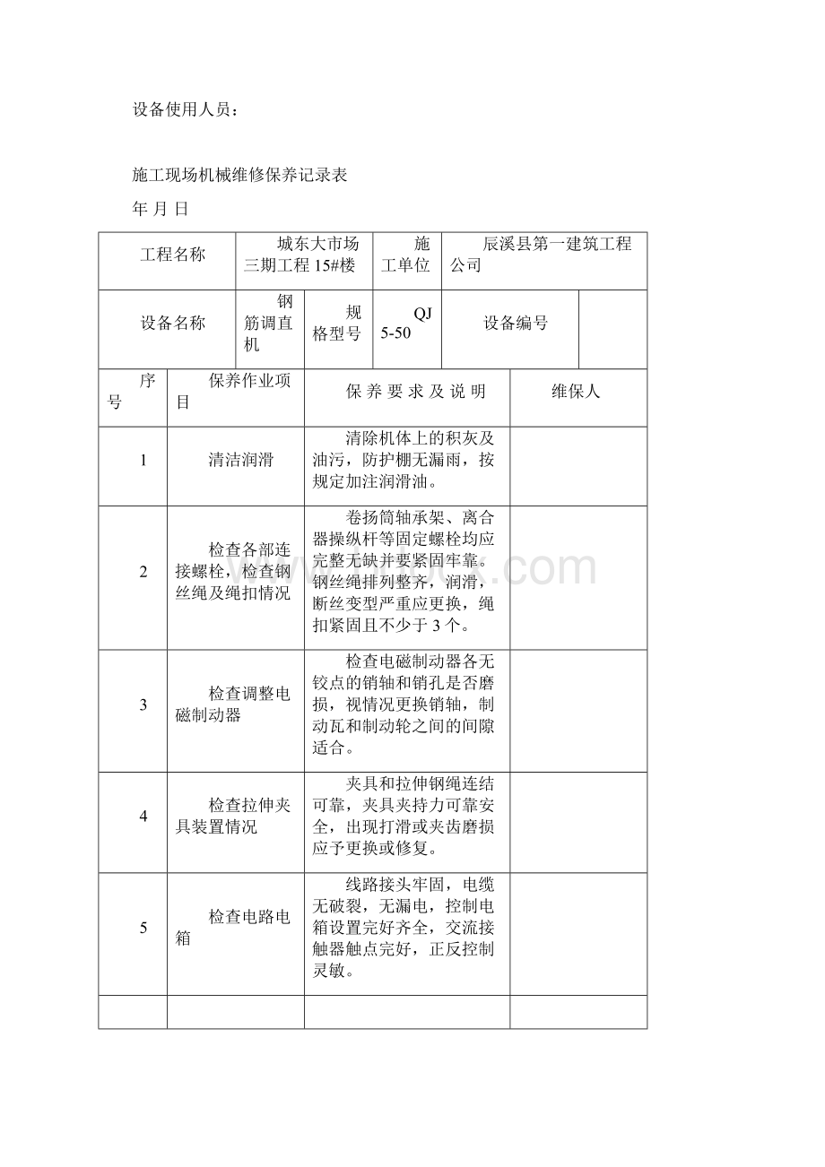 施工现场机械设备维修保养记录表1Word文档格式.docx_第2页