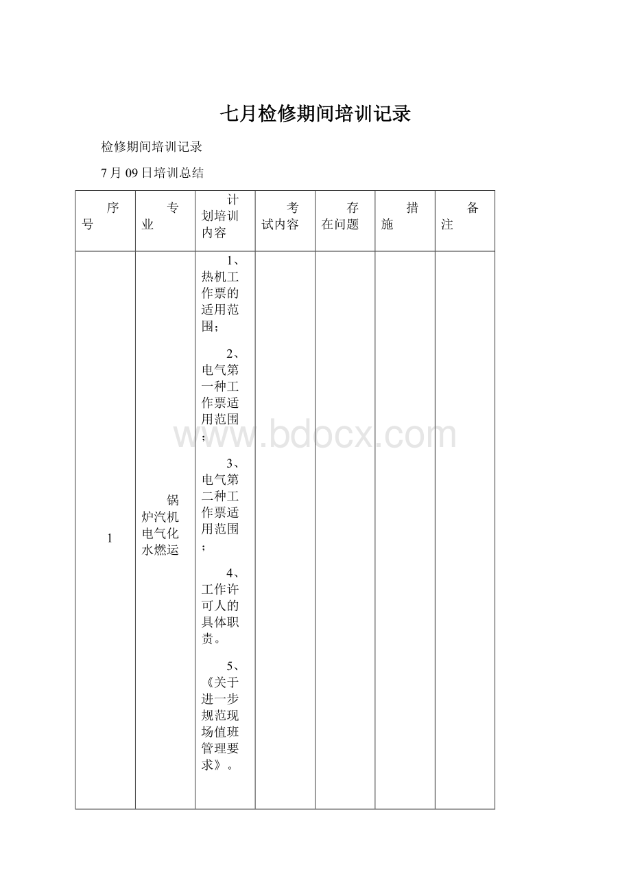 七月检修期间培训记录Word格式文档下载.docx