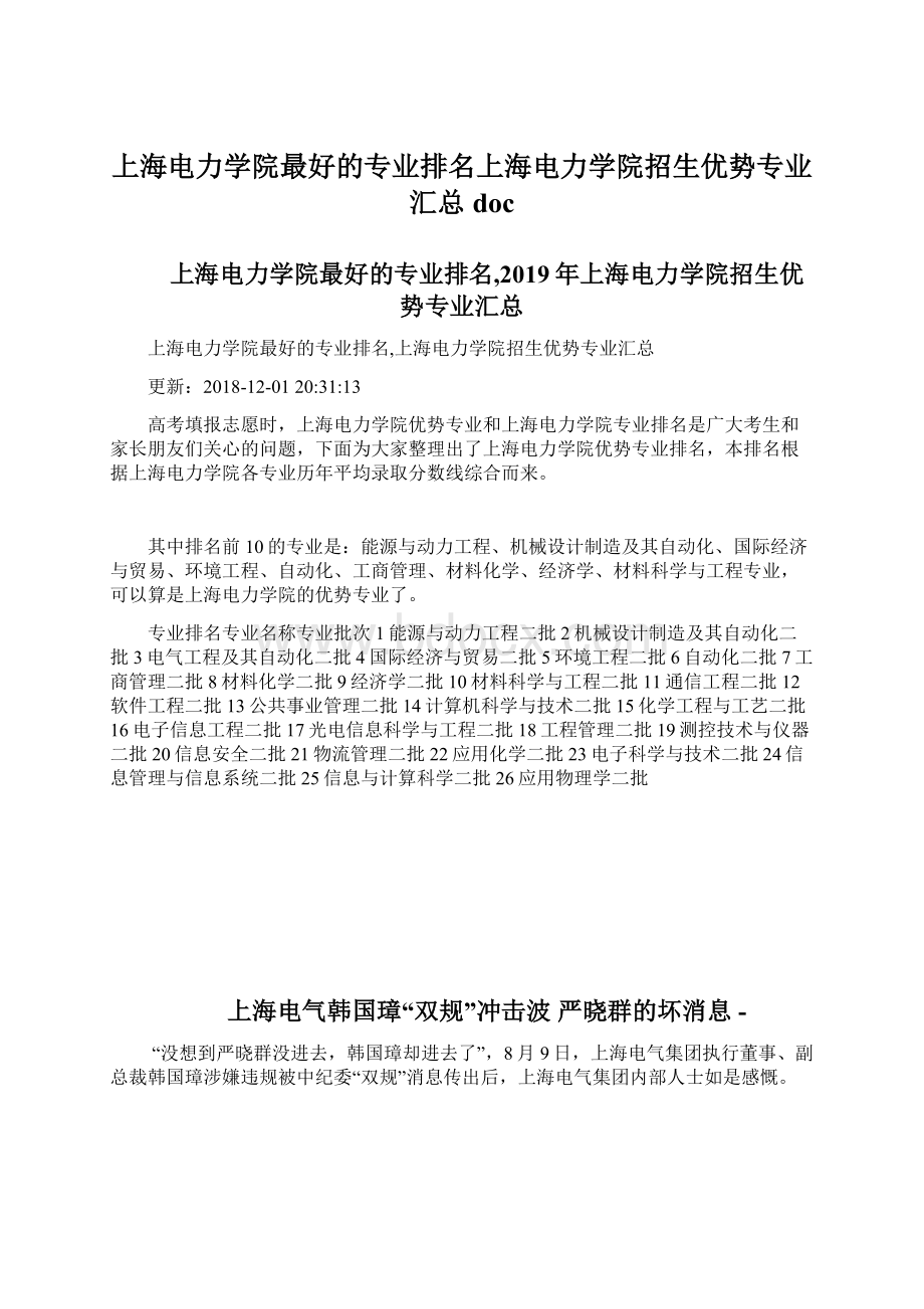 上海电力学院最好的专业排名上海电力学院招生优势专业汇总docWord格式.docx