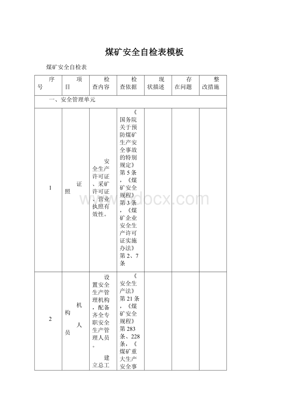 煤矿安全自检表模板.docx