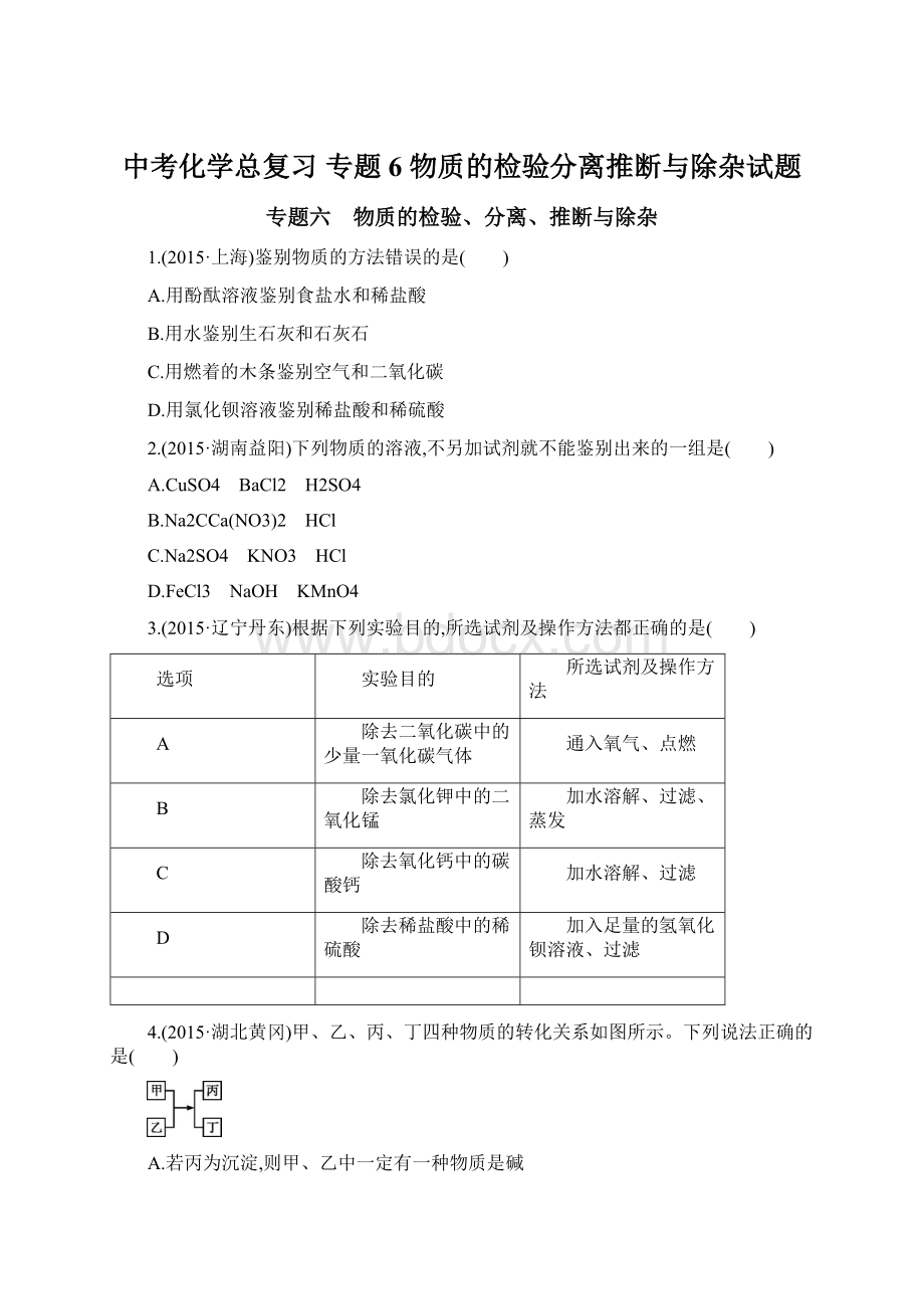 中考化学总复习 专题6 物质的检验分离推断与除杂试题.docx