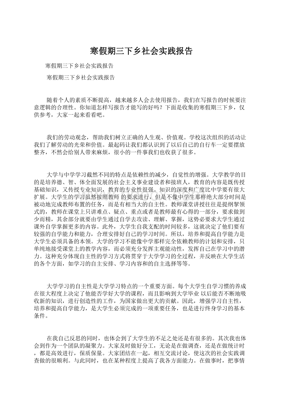 寒假期三下乡社会实践报告Word格式文档下载.docx