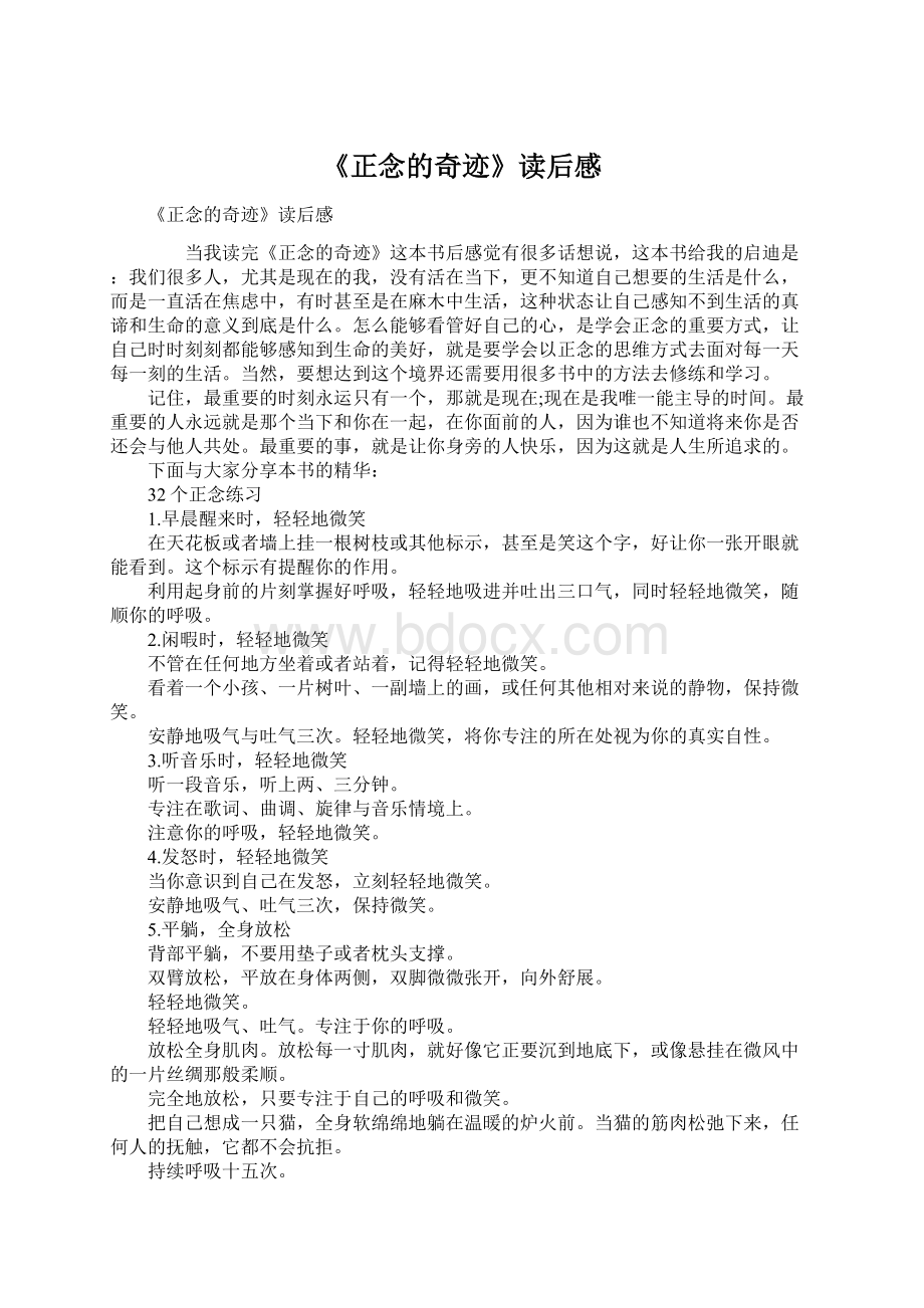 《正念的奇迹》读后感文档格式.docx_第1页