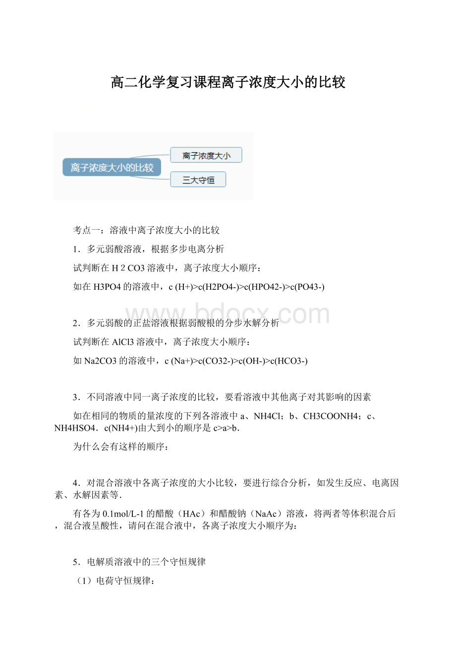 高二化学复习课程离子浓度大小的比较文档格式.docx