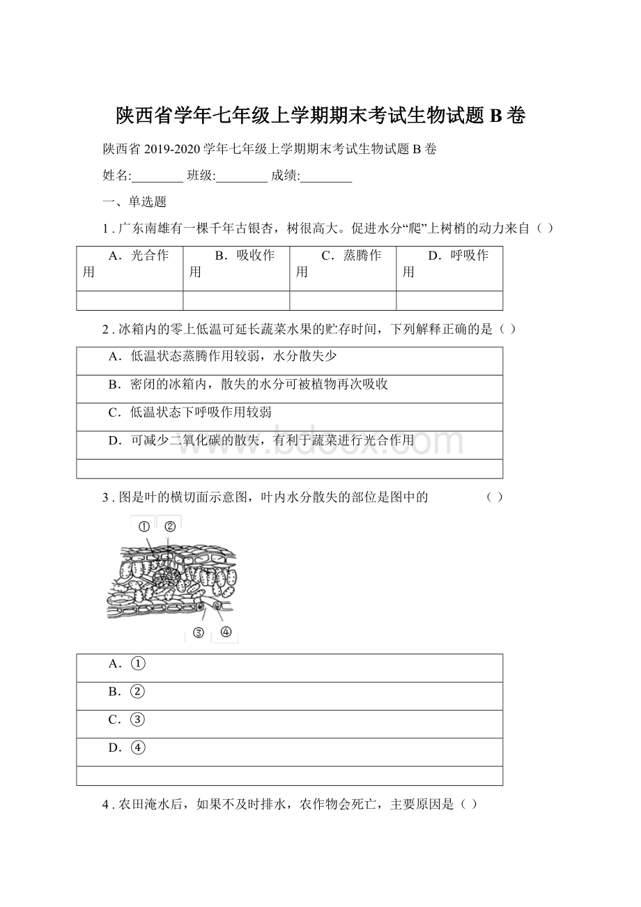 陕西省学年七年级上学期期末考试生物试题B卷Word格式文档下载.docx_第1页