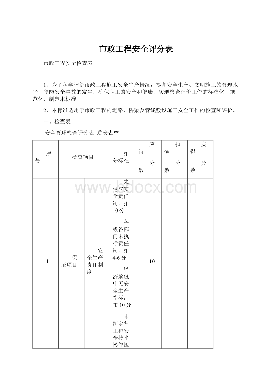 市政工程安全评分表Word文档下载推荐.docx