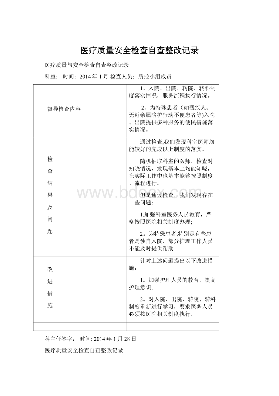 医疗质量安全检查自查整改记录Word下载.docx