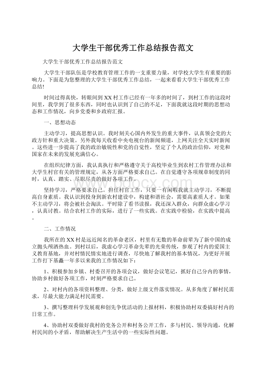 大学生干部优秀工作总结报告范文.docx