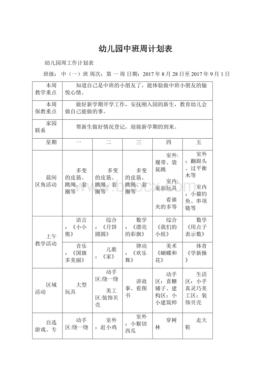 幼儿园中班周计划表.docx_第1页