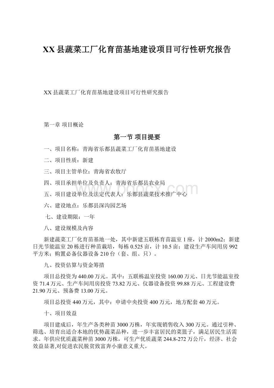 XX县蔬菜工厂化育苗基地建设项目可行性研究报告Word文档格式.docx