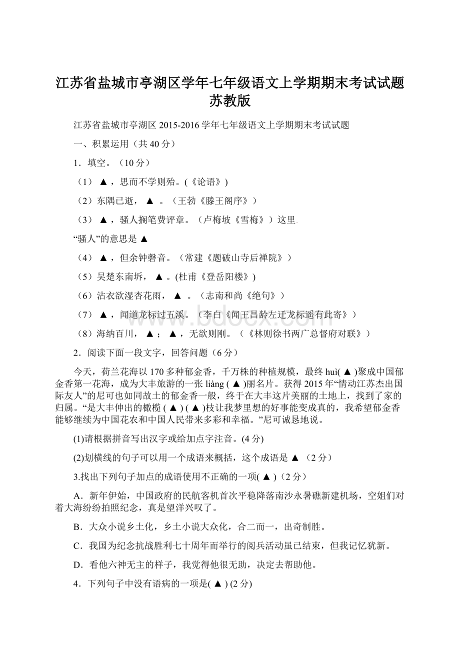 江苏省盐城市亭湖区学年七年级语文上学期期末考试试题苏教版.docx