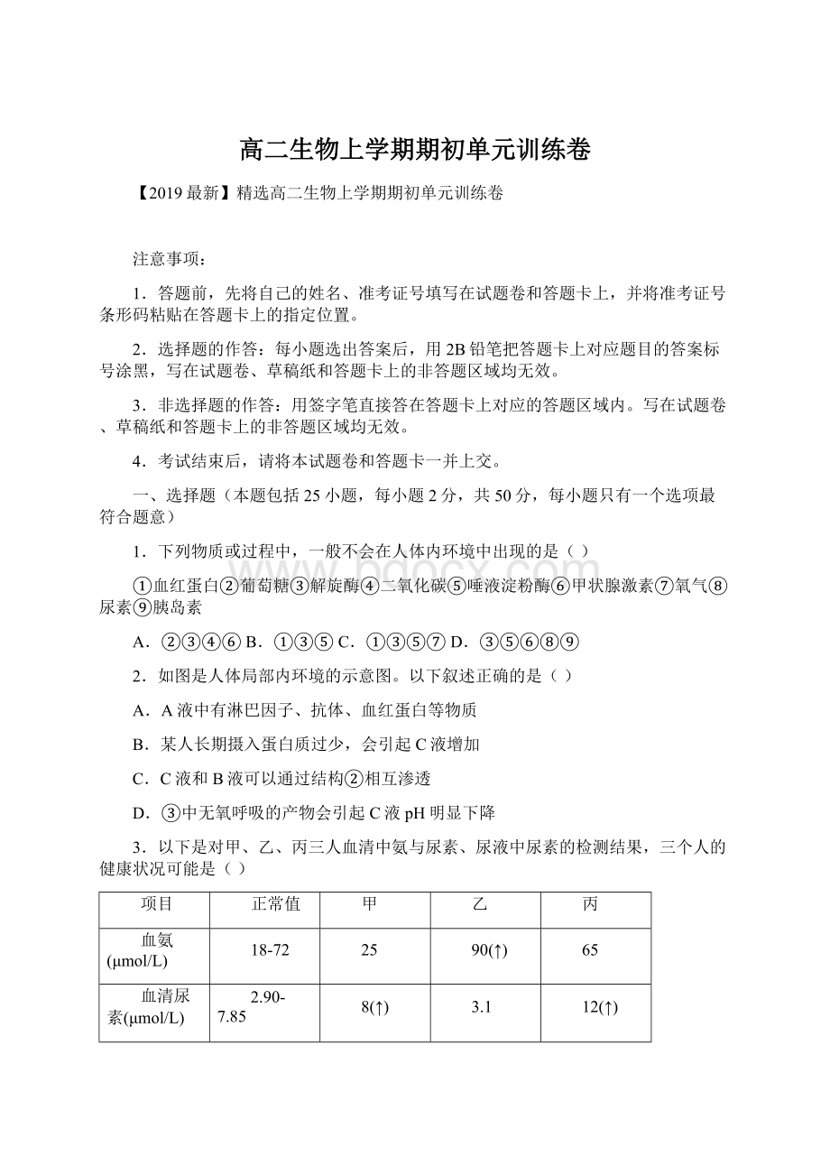 高二生物上学期期初单元训练卷.docx_第1页