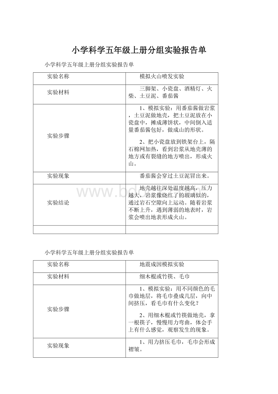 小学科学五年级上册分组实验报告单.docx